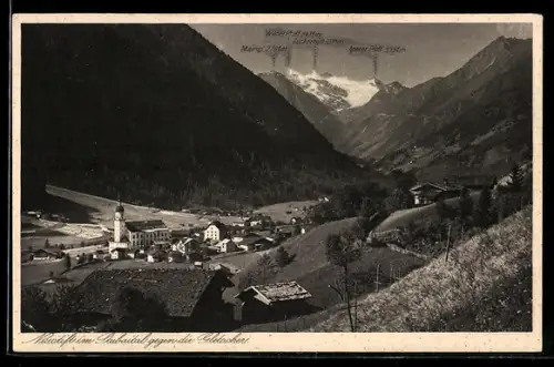 AK Neustift im Stubaital, Ort mit Kirche und Gletscherpanorama