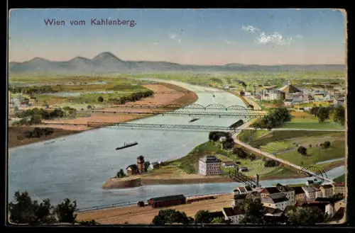 AK Wien, Blick vom Kahlenberg mit Donau und Brücken