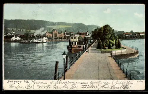AK Bregenz a. B., Mole mit Dampfschiff und Uferpromenade