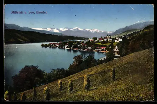 AK Millstatt a. See, Seeufer mit Ort und Bergpanorama