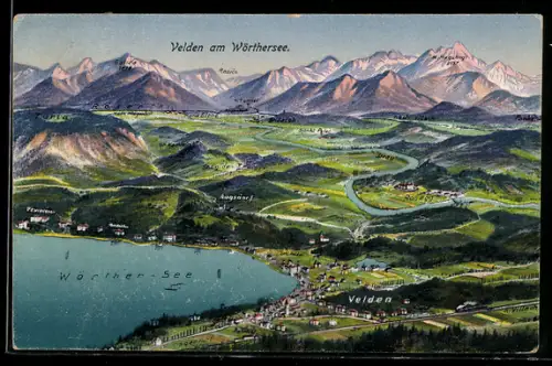 Künstler-AK Velden am Wörthersee, Panorama mit See und Gebirge