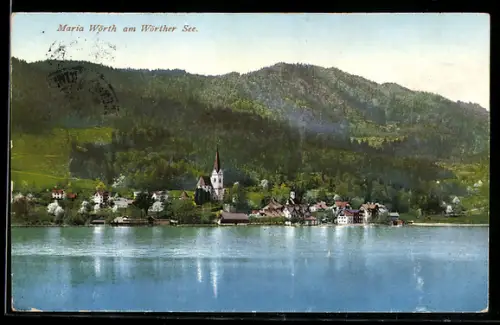 AK Maria Wörth am Wörther See, Panorama mit Kirche und See