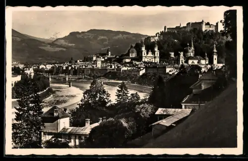 AK Salzburg, Stadtansicht von Mülln aus, Fluss Salzach und Festung Hohensalzburg