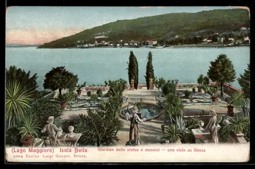 AK Isola Bella /Lago Maggiore, Giardino delle statue e mosaici con vista su Stresa