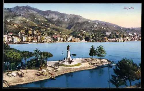 AK Rapallo, Panorama mit Denkmal