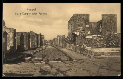 AK Pompei, Via e Tempio della Fortuna, Ruinenlandschaft