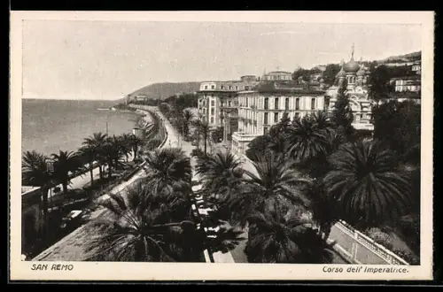 AK San Remo, Corso dell`Imperatrice con palme e vista mare