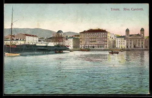 AK Trieste, Riva Carciotti con navi e edifici storici sullo sfondo