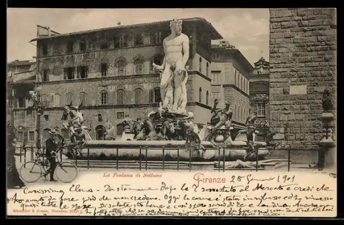 AK Firenze, La Fontana di Nettuno e ciclista in Piazza della Signoria