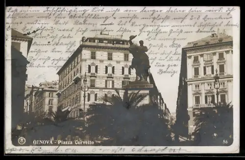 AK Genova, Piazza Corvetto con statua e edifici storici