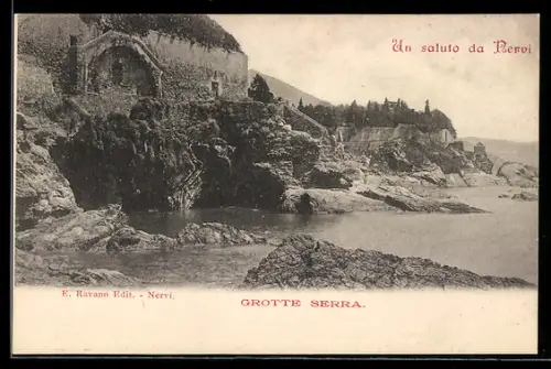 AK Nervi, Grotte Serra e costa rocciosa con edifici storici