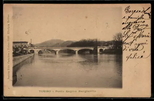 AK Torino, Ponte Regina Margherita sul fiume Po con colline sullo sfondo