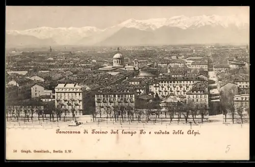 AK Torino, Panorama dal lungo Po e veduta delle Alpi