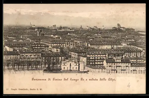 AK Torino, Panorama dal lungo Po e veduta delle Alpi