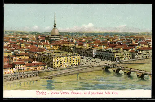Künstler-AK Torino, Piazza Vittorio Emanuele ed il panorama della Città