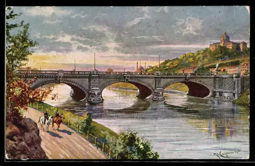 Künstler-AK Torino, Ponte Nuovo Umberto I.