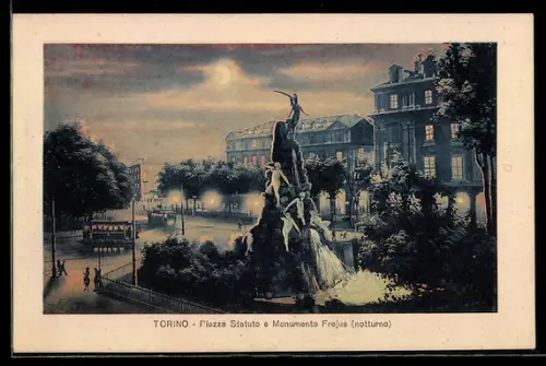AK Torino, Piazza Statuto e Monumento Frejus notturno, Strassenbahn