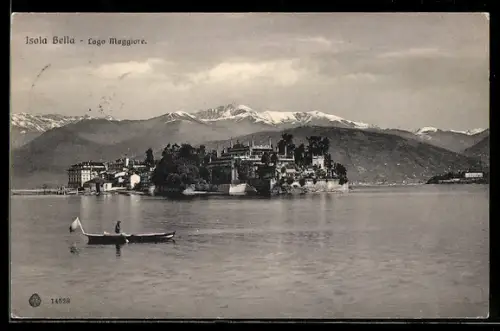 AK Isola Bella /Lago Maggiore, Vista dell`isola con barca sul lago