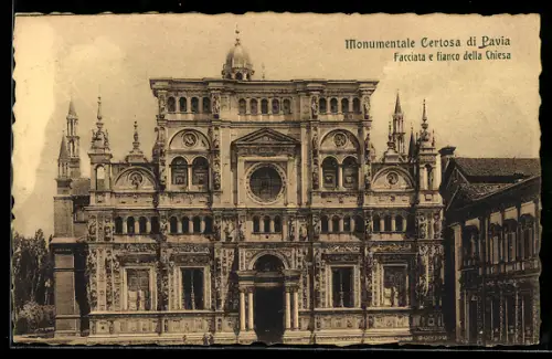 AK Pavia, Monumentale Certosa di Pavia, facciata e fianco della chiesa