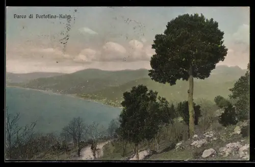 AK Portofino, Parco di Portofino-Kulm, Vista panoramica sul mare e colline alberate
