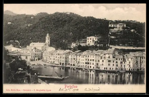 AK Portofino, Vista del porto con edifici storici sullo sfondo