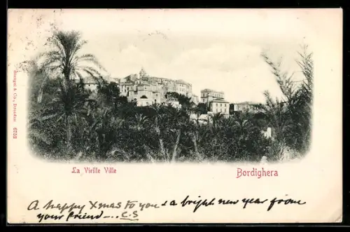 AK Bordighera, La Vieille Ville con palme in primo piano