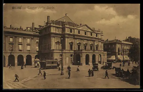 AK Milano, Teatro della Scala mit Strassenbahn im Vordergrund