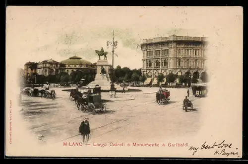 AK Milano, Largo Cairoli e Monumento a Garibaldi