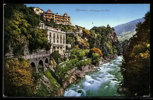 AK Merano, Passeggiata Gilf lungo il fiume Passirio con vegetazione lussureggiante