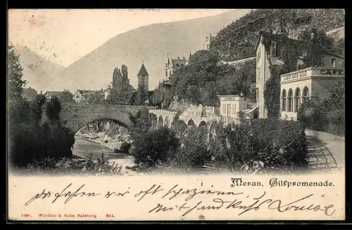 AK Meran, Gilfpromenade mit Brücke u. Cafe Gilf