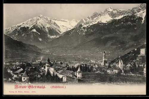 AK Merano-Obermais, Vista panoramica sulla città e le montagne circostanti in inverno
