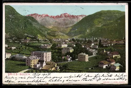 AK Bolzano, Gries, Vista panoramica della città con montagne sullo sfondo