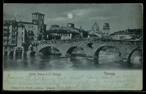 Mondschein-AK Verona, Ponte Pietra e S. Giorgio sotto la luna