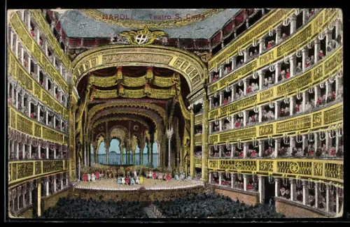AK Napoli, Teatro S. Carlo, interno del teatro con pubblico e palcoscenico decorato