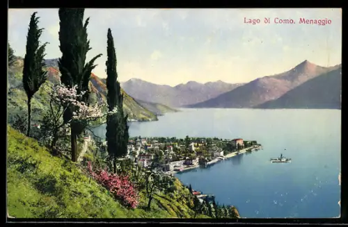 AK Menaggio /Lago di Como, Vista panoramica con barca sul lago