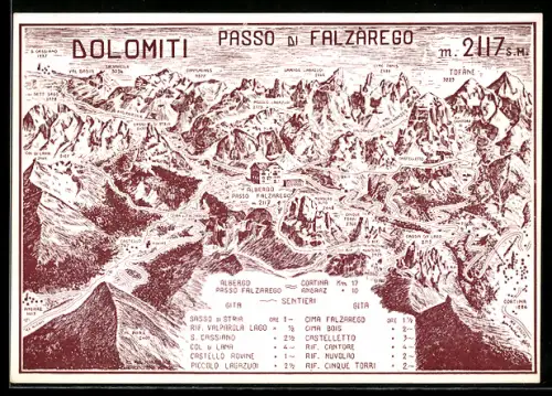 Künstler-AK Passo di Falzarego, Vista panoramica delle Dolomiti con sentieri e rifugi alpini