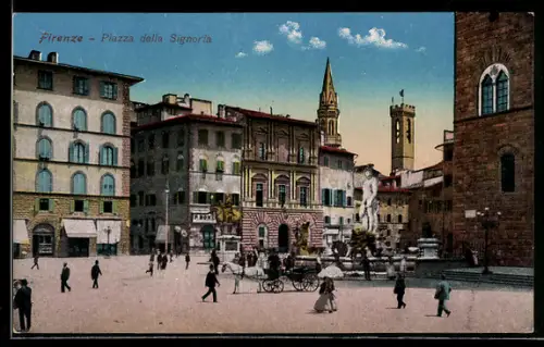 AK Firenze, Piazza della Signoria con monumenti e passanti