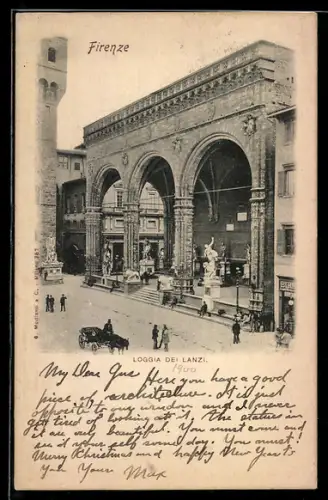 AK Firenze, Loggia dei Lanzi con statue e carrozza