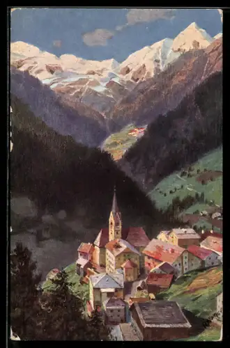 Künstler-AK Pieve di Livinallongo /Tirol, Blick von der Dolomitenstrasse auf die Ortschaft