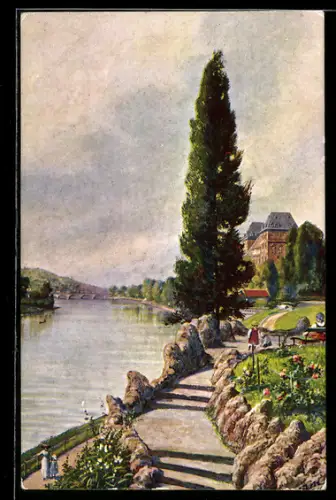 Künstler-AK Torino, Fiume Po e Castello del Valentino