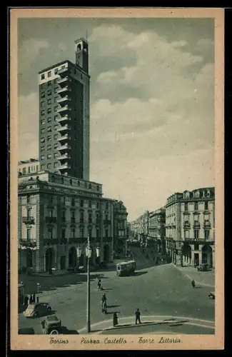 AK Torino, Piazza Castello, Torre Littoria e tram in transito
