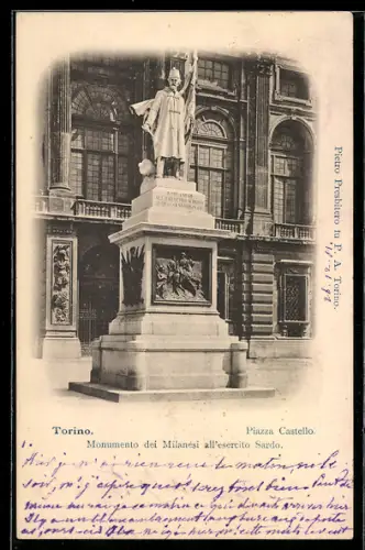 AK Torino, Piazza Castello, Monumento dei Milanesi all`esercito Sardo