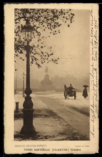AK Torino, Corso Raffaello (Valentino) con carrozza e lampione