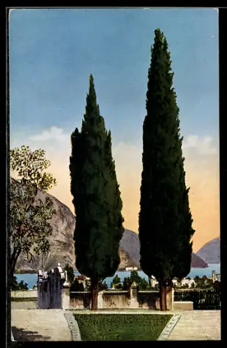 AK Menaggio /Lago di Como, Vista con cipressi e montagne sullo sfondo