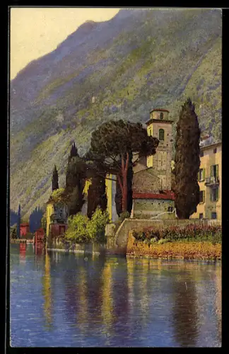 AK Oria /Lago di Lugano, Vista pittoresca con edifici sul lungolago e montagne sullo sfondo