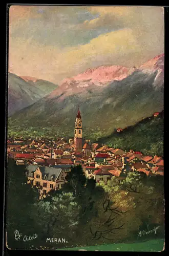 Künstler-AK Meran, Vista panoramica della città con montagne sullo sfondo