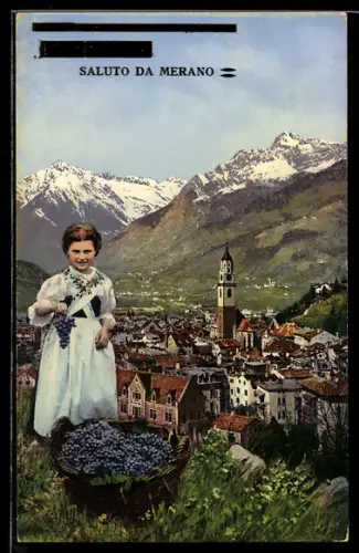 AK Merano, Bambina con uva e panorama montano innevato