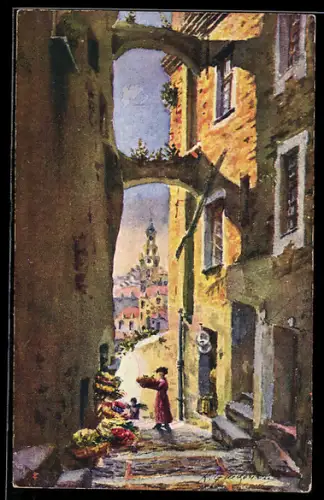 Künstler-AK Sanremo, Via Palma con vista sulla città e venditori di fiori