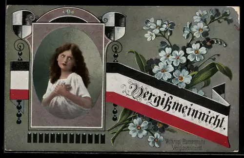 AK Frauenprotrait, Vergissmeinnicht, Weltkriegs-Blumensprache