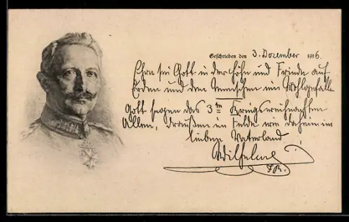 AK Weihnachtsgrüsse S. M. des Kaiser Wilhelm II. an das Deutsche Volk, Portrait mit Text von 1916